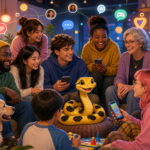Grupo diverso de amigos e familiares sorrindo em uma sala, reunidos em volta de uma cobra amarela de brinquedo e celulares